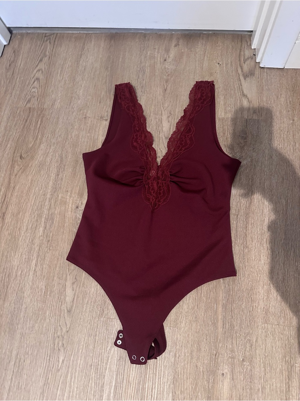 Free People Lace-Trim Ribbed Bodysuit in Burgundy